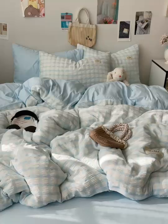 91家纺网 家纺一手货源 找家纺 （总）顾里2025新款韩系格子阳离子泡泡纱四件套-第二组