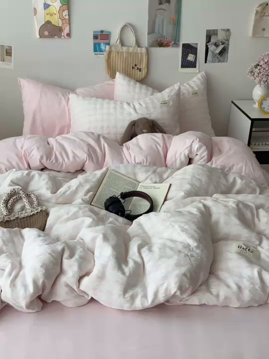 91家纺网 家纺一手货源 找家纺 顾里2025新款韩系格子阳离子泡泡纱四件套-第二组 少女粉格