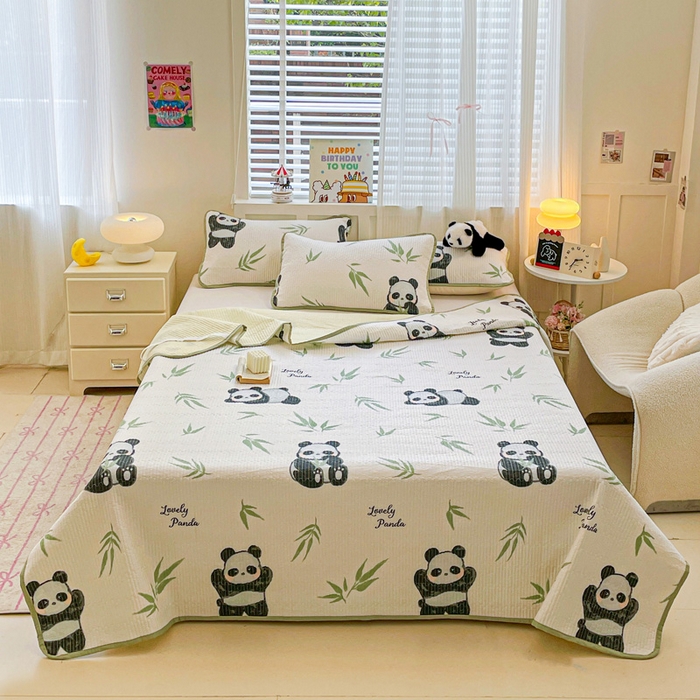 91家纺网 家纺一手货源 找家纺 富馨莱 2025春夏新款纯棉夹棉单床盖床盖单件薄床垫 熊猫团子
