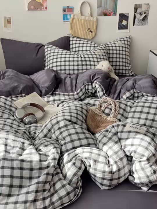 91家纺网 家纺一手货源 找家纺 顾里2025新款韩系格子阳离子泡泡纱四件套-第二组 经典黑格