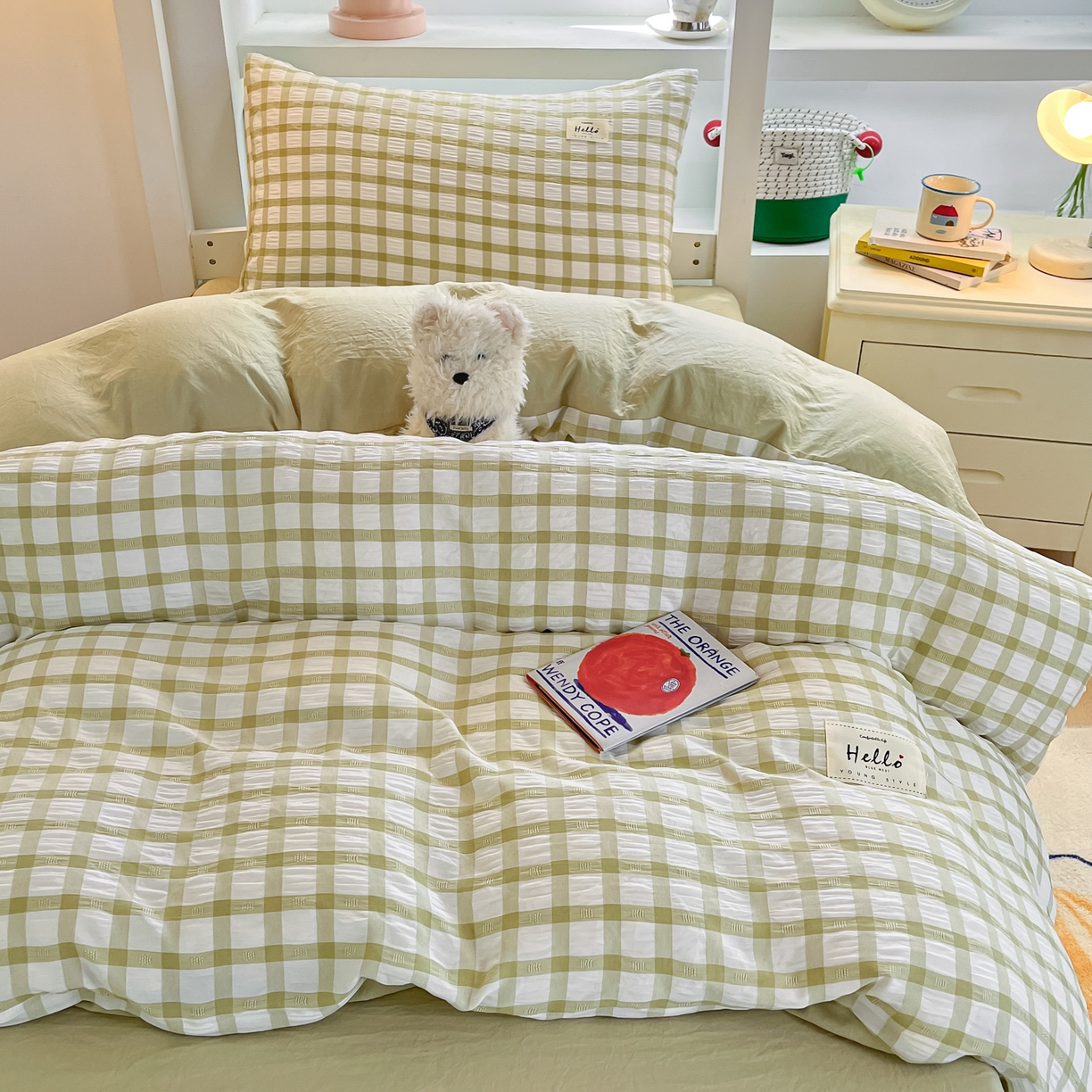 91家纺网 家纺一手货源 找家纺 （总）顾里2025新款韩系格子阳离子泡泡纱学生宿舍上下铺三件套