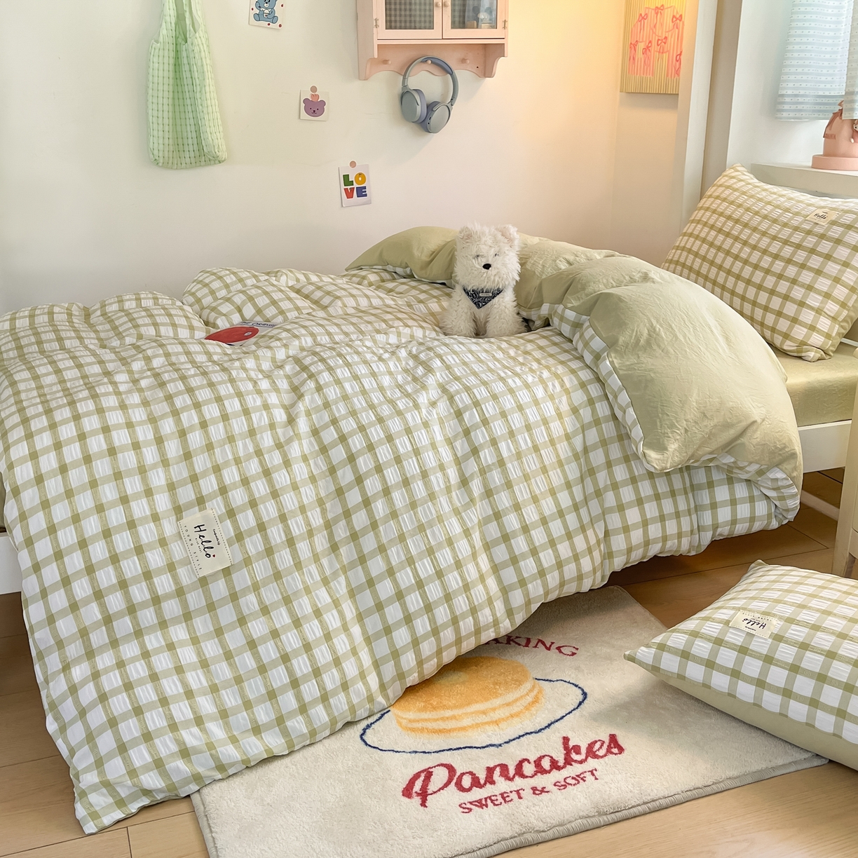 91家纺网 家纺一手货源 找家纺 （总）顾里2025新款韩系格子阳离子泡泡纱学生宿舍上下铺三件套