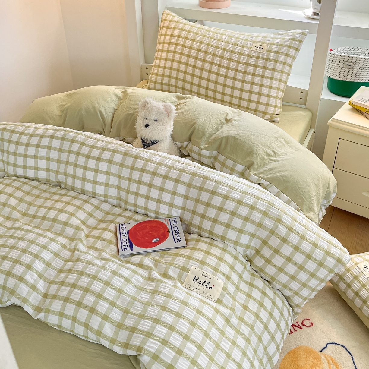 91家纺网 家纺一手货源 找家纺 （总）顾里2025新款韩系格子阳离子泡泡纱学生宿舍上下铺三件套