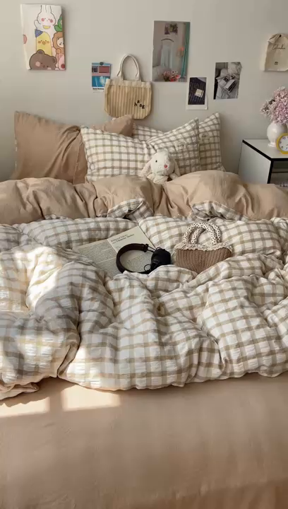 91家纺网 家纺一手货源 找家纺 顾里2025新款韩系格子阳离子泡泡纱四件套-第二组 复古奶咖