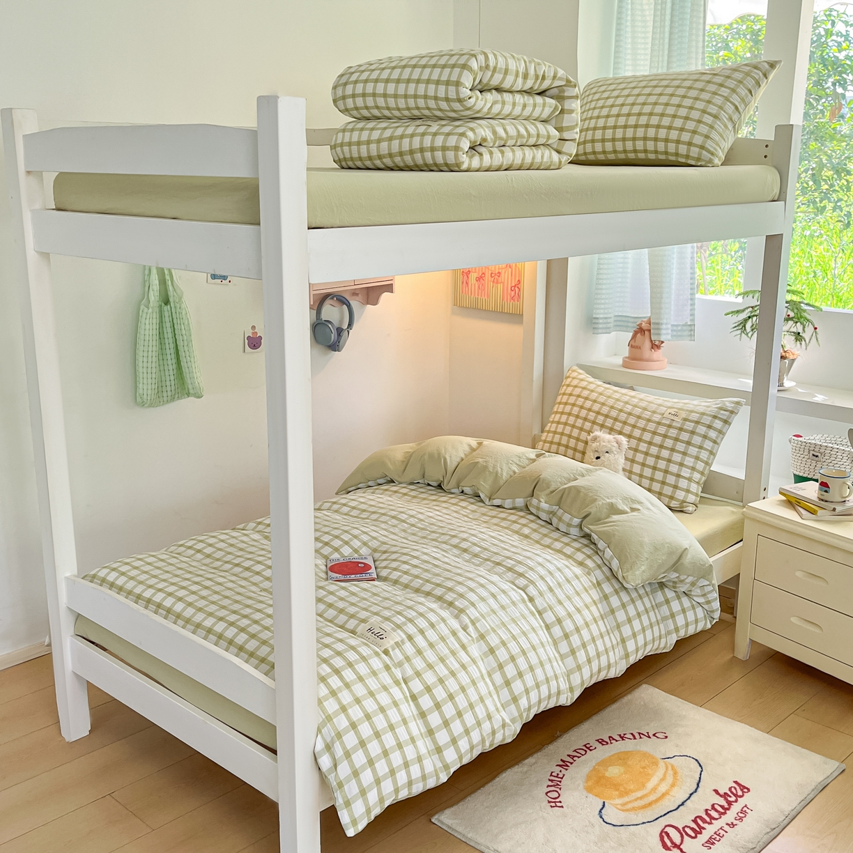 顾里2025新款韩系格子阳离子泡泡纱学生宿舍上下铺三件套 薄荷绿格