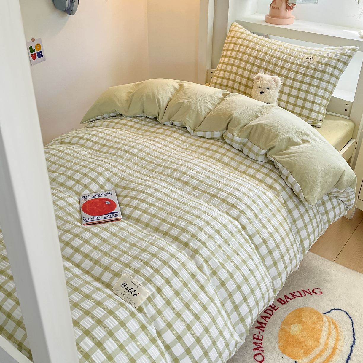 91家纺网 家纺一手货源 找家纺 顾里2025新款韩系格子阳离子泡泡纱学生宿舍上下铺三件套 薄荷绿格