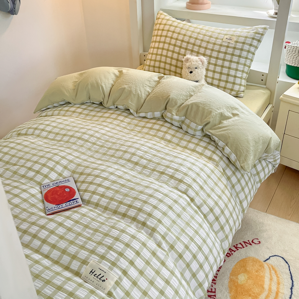 91家纺网 家纺一手货源 找家纺 顾里2025新款韩系格子阳离子泡泡纱学生宿舍上下铺三件套 薄荷绿格