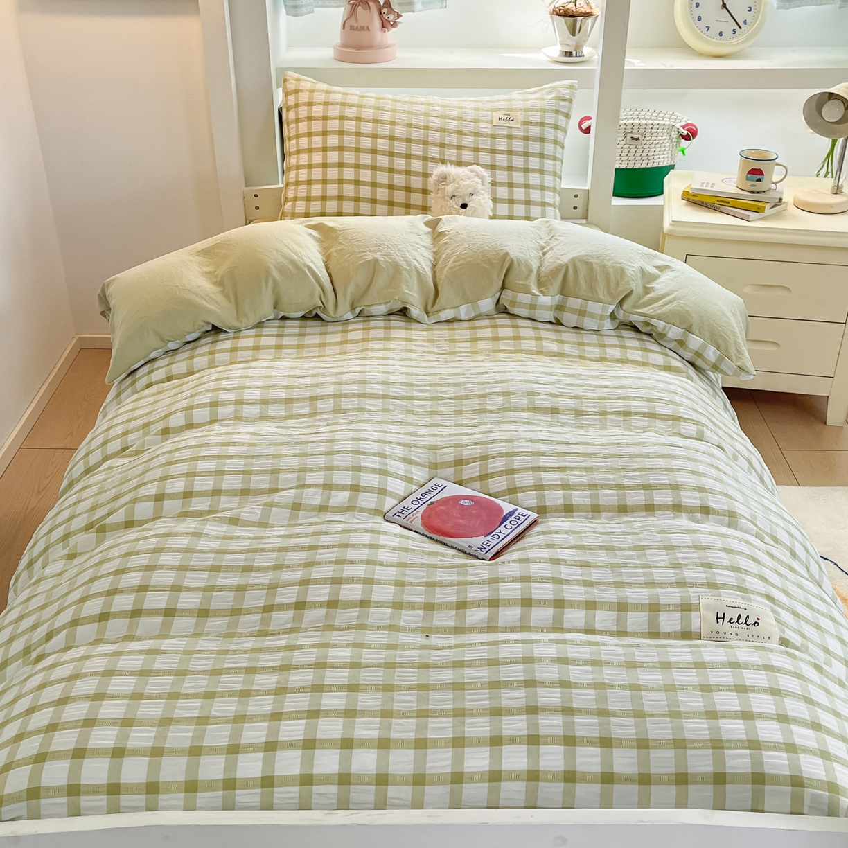 91家纺网 家纺一手货源 找家纺 顾里2025新款韩系格子阳离子泡泡纱学生宿舍上下铺三件套 薄荷绿格