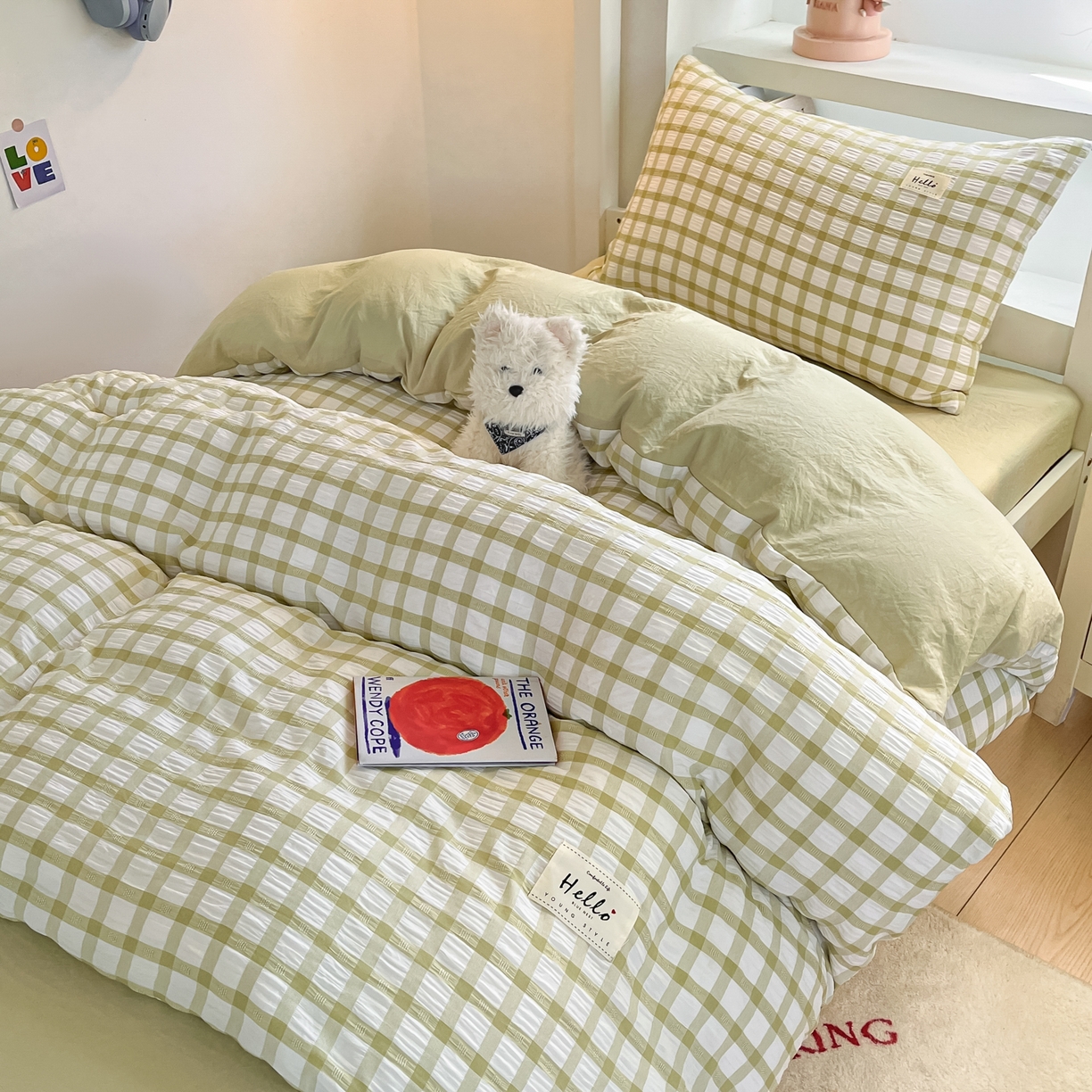 91家纺网 家纺一手货源 找家纺 顾里2025新款韩系格子阳离子泡泡纱学生宿舍上下铺三件套 薄荷绿格