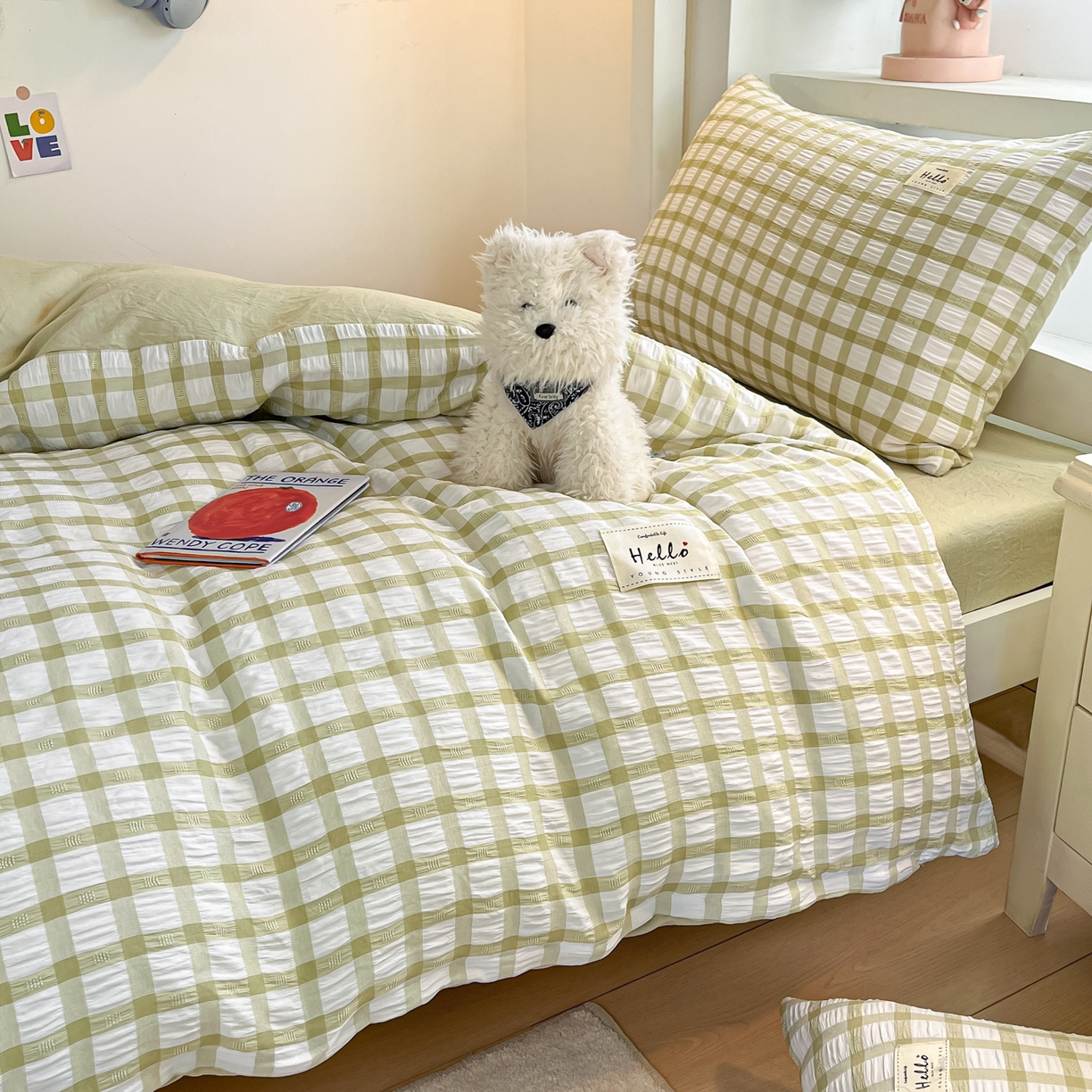 91家纺网 家纺一手货源 找家纺 顾里2025新款韩系格子阳离子泡泡纱学生宿舍上下铺三件套 薄荷绿格