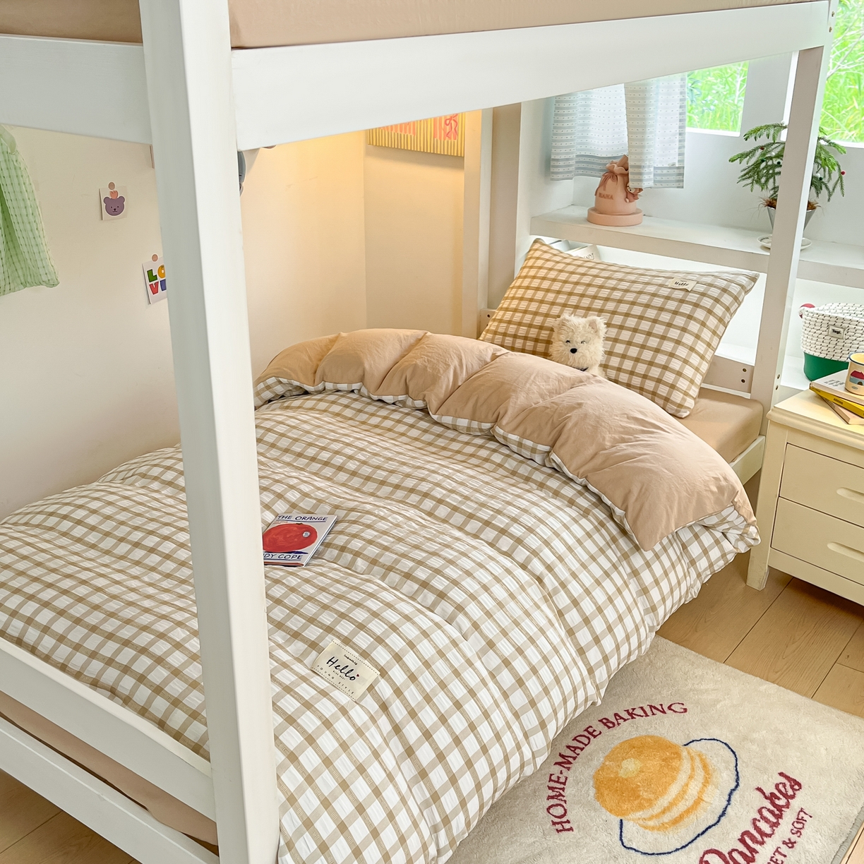 91家纺网 家纺一手货源 找家纺 顾里2025新款韩系格子阳离子泡泡纱学生宿舍上下铺三件套 复古奶咖