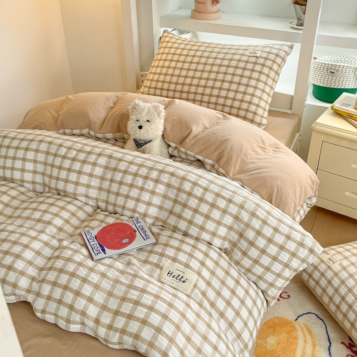 91家纺网 家纺一手货源 找家纺 顾里2025新款韩系格子阳离子泡泡纱学生宿舍上下铺三件套 复古奶咖