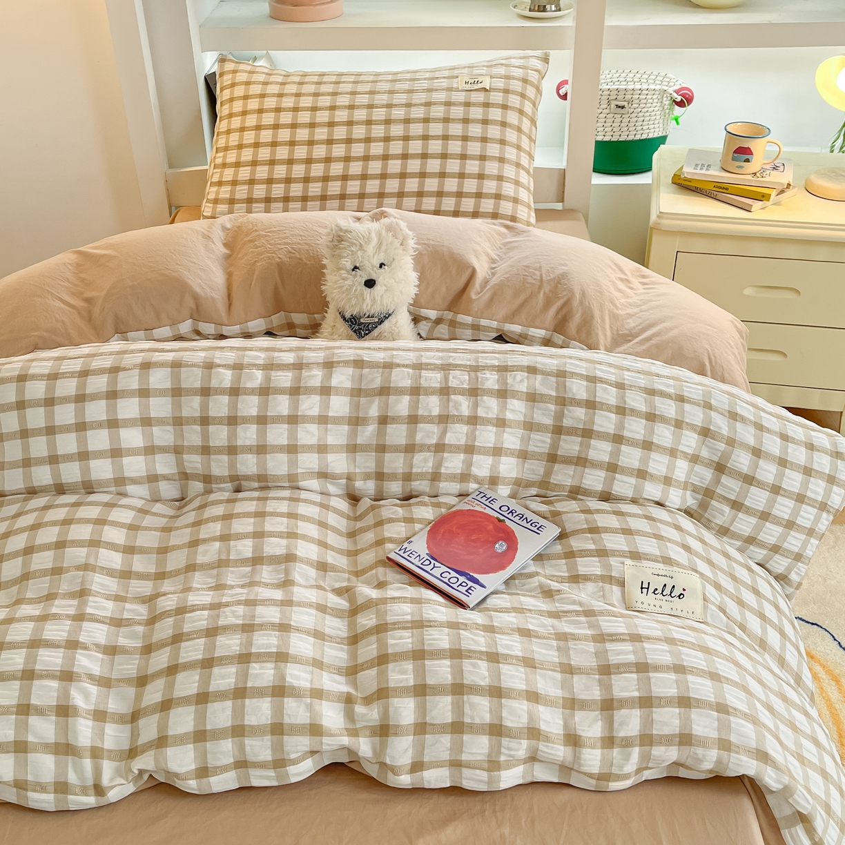 91家纺网 家纺一手货源 找家纺 顾里2025新款韩系格子阳离子泡泡纱学生宿舍上下铺三件套 复古奶咖
