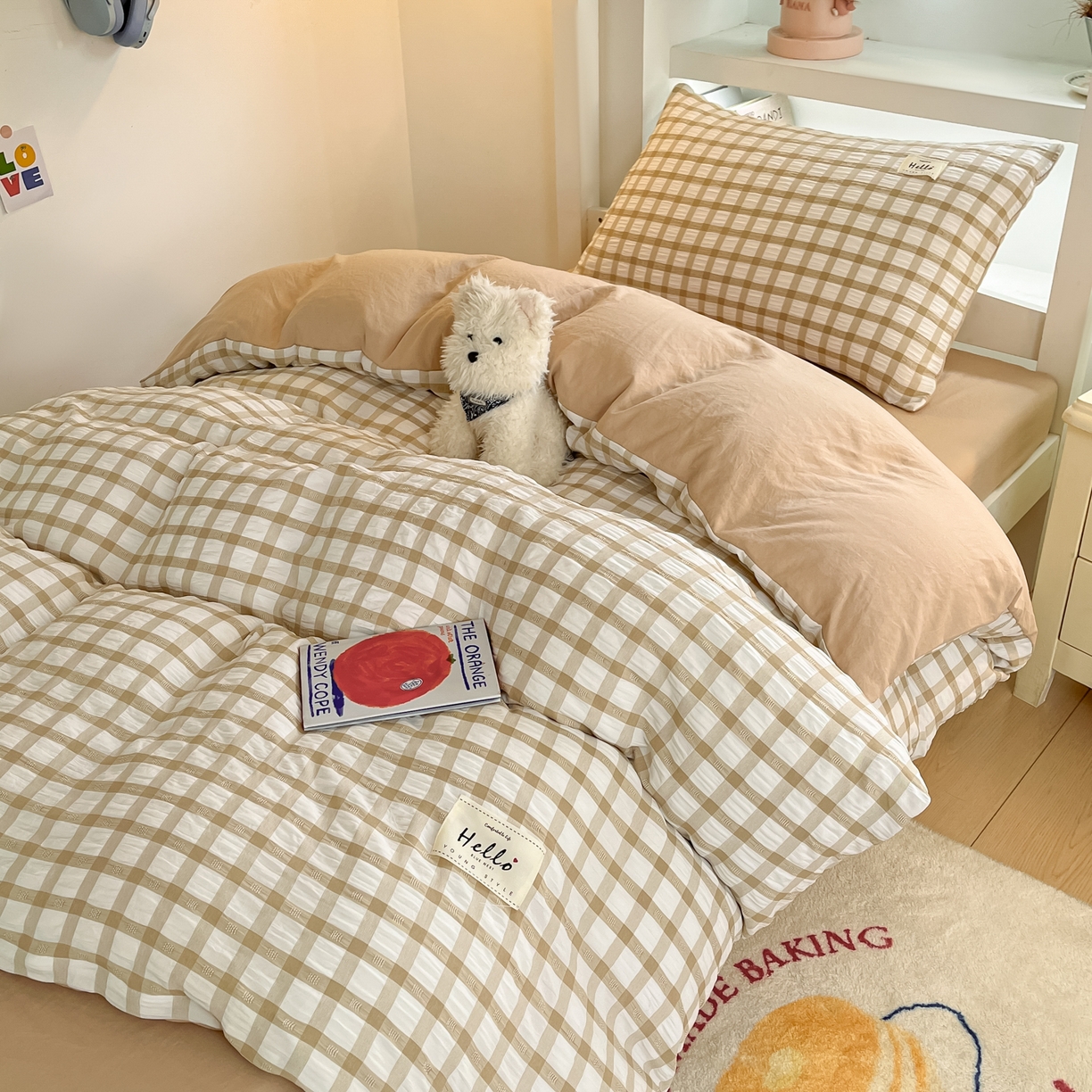91家纺网 家纺一手货源 找家纺 顾里2025新款韩系格子阳离子泡泡纱学生宿舍上下铺三件套 复古奶咖