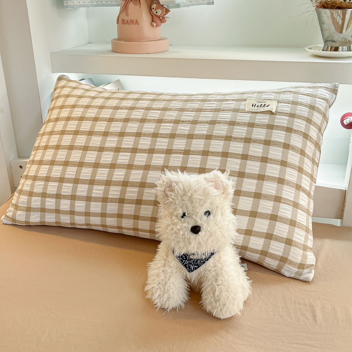 91家纺网 家纺一手货源 找家纺 顾里2025新款韩系格子阳离子泡泡纱学生宿舍上下铺三件套 复古奶咖