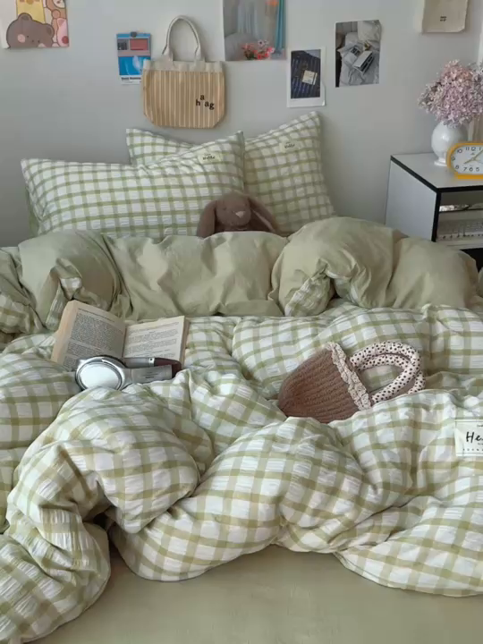 91家纺网 家纺一手货源 找家纺 顾里2025新款韩系格子阳离子泡泡纱四件套-第二组 薄荷绿格