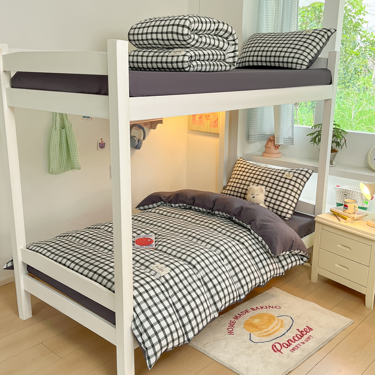 顾里2025新款韩系格子阳离子泡泡纱学生宿舍上下铺三件套 经典黑格