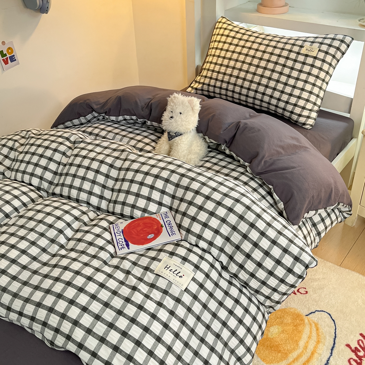 91家纺网 家纺一手货源 找家纺 顾里2025新款韩系格子阳离子泡泡纱学生宿舍上下铺三件套 经典黑格