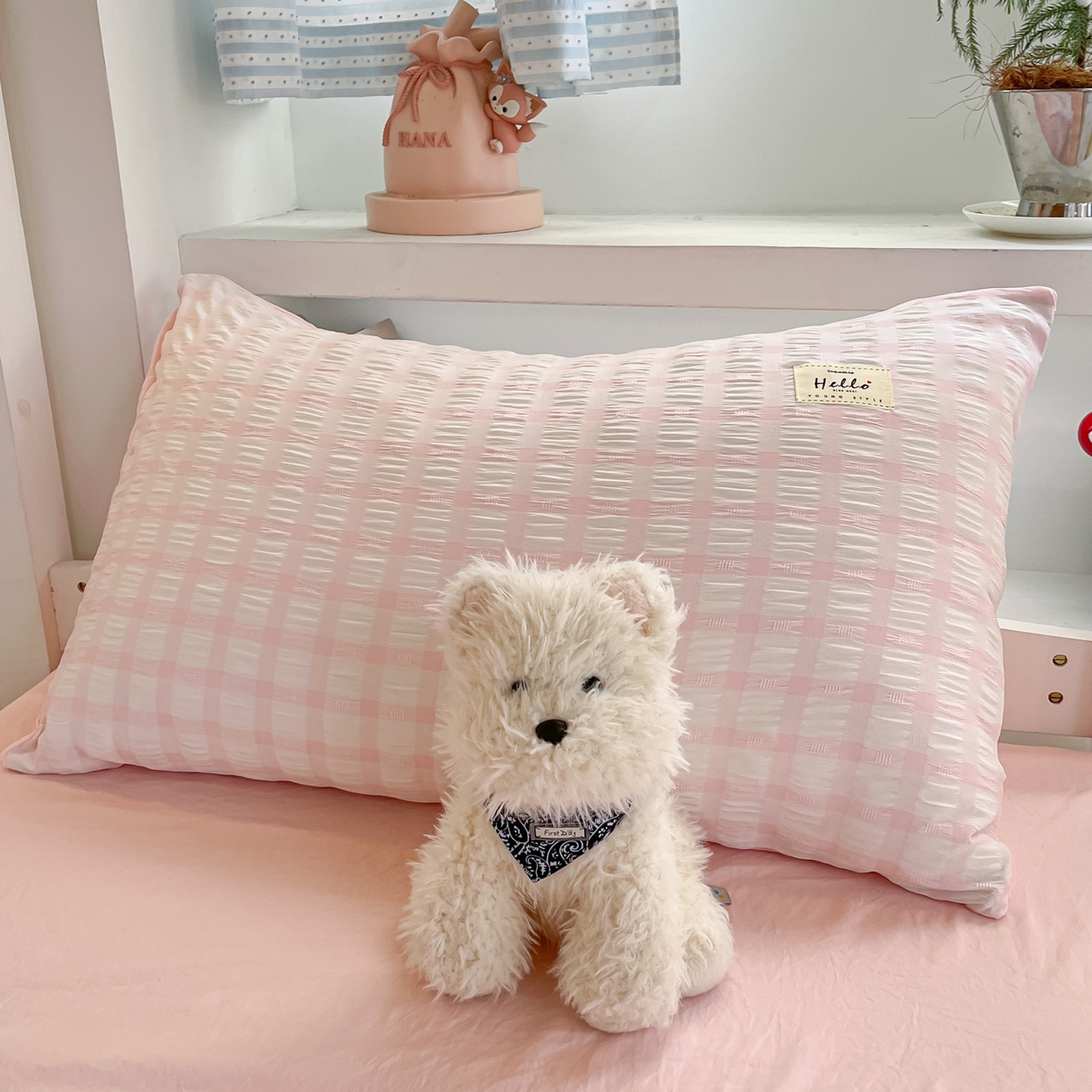 91家纺网 家纺一手货源 找家纺 顾里2025新款韩系格子阳离子泡泡纱学生宿舍上下铺三件套 少女粉格