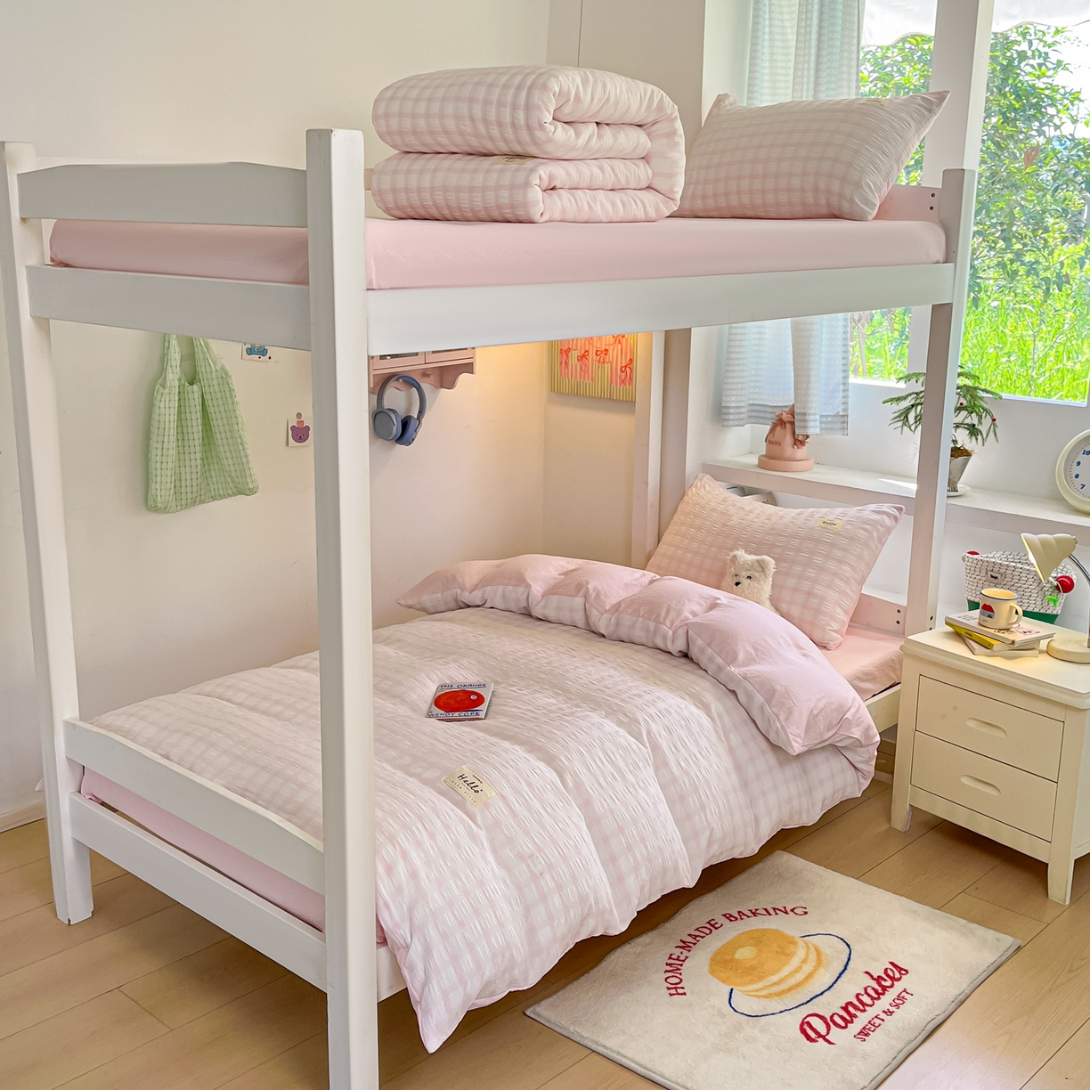 顾里2025新款韩系格子阳离子泡泡纱学生宿舍上下铺三件套 少女粉格