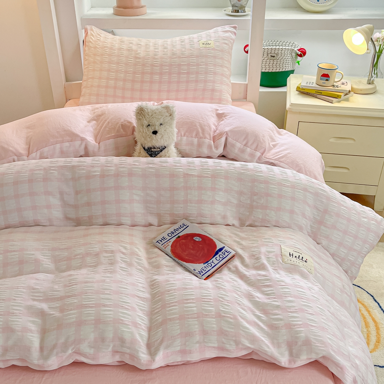 91家纺网 家纺一手货源 找家纺 顾里2025新款韩系格子阳离子泡泡纱学生宿舍上下铺三件套 少女粉格