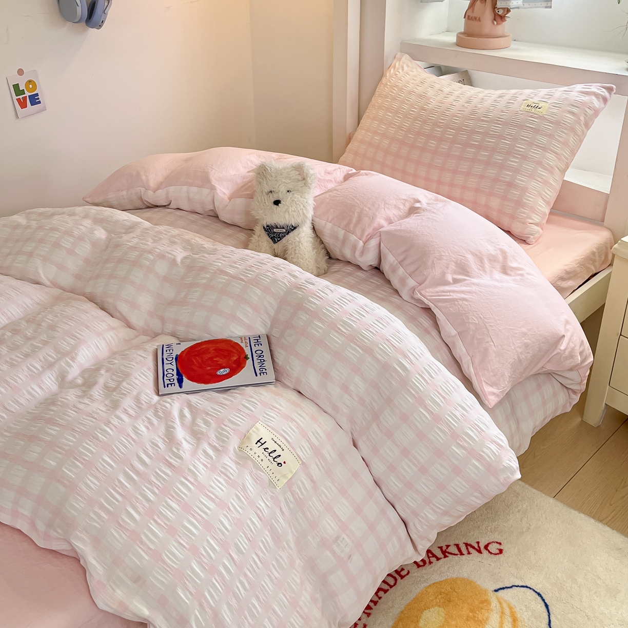 91家纺网 家纺一手货源 找家纺 顾里2025新款韩系格子阳离子泡泡纱学生宿舍上下铺三件套 少女粉格