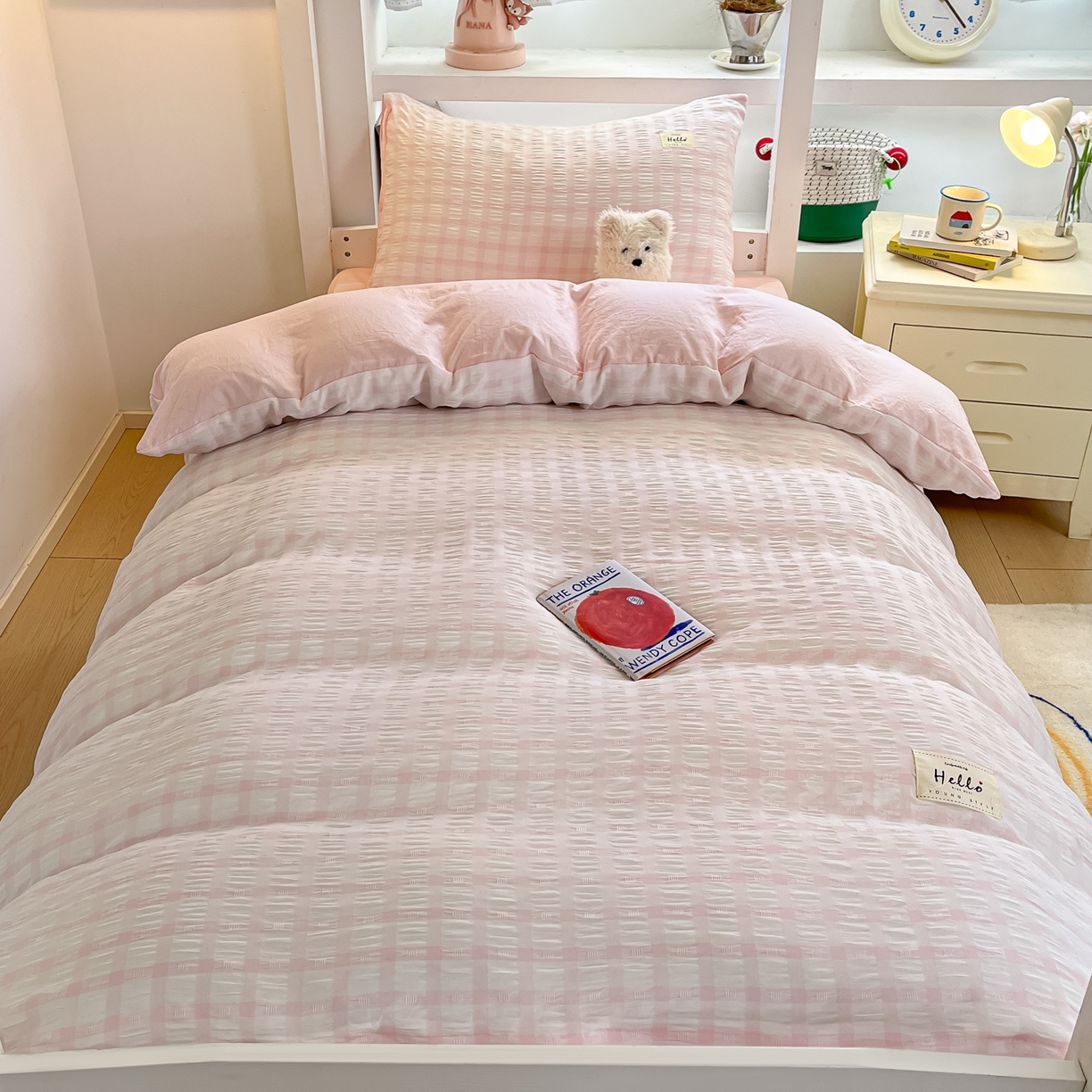 91家纺网 家纺一手货源 找家纺 顾里2025新款韩系格子阳离子泡泡纱学生宿舍上下铺三件套 少女粉格