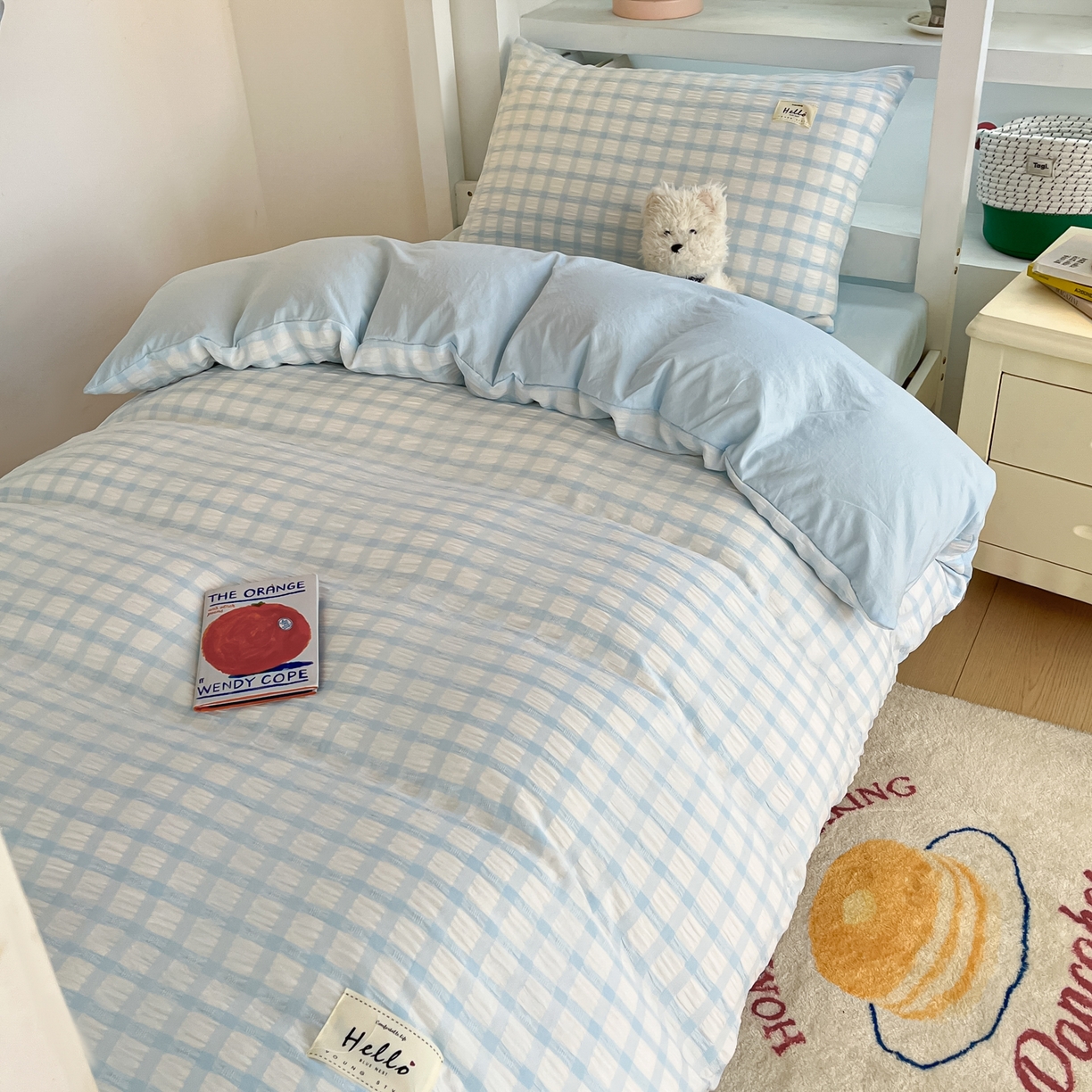 91家纺网 家纺一手货源 找家纺 顾里2025新款韩系格子阳离子泡泡纱学生宿舍上下铺三件套 天空蓝格