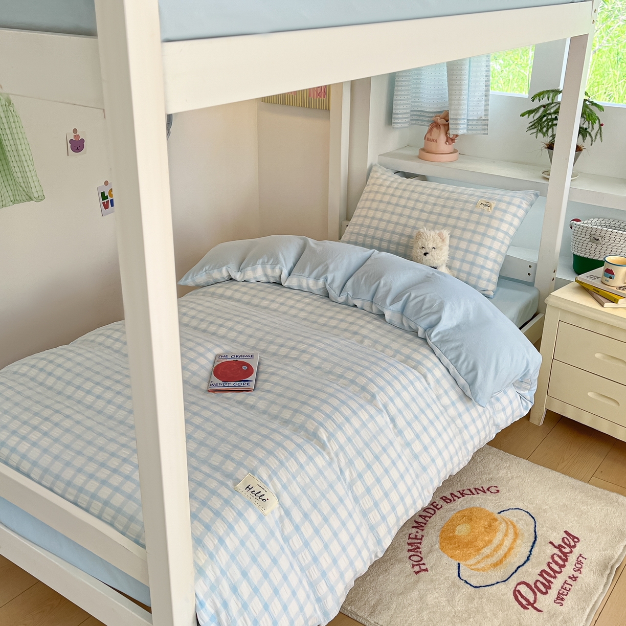 91家纺网 家纺一手货源 找家纺 顾里2025新款韩系格子阳离子泡泡纱学生宿舍上下铺三件套 天空蓝格