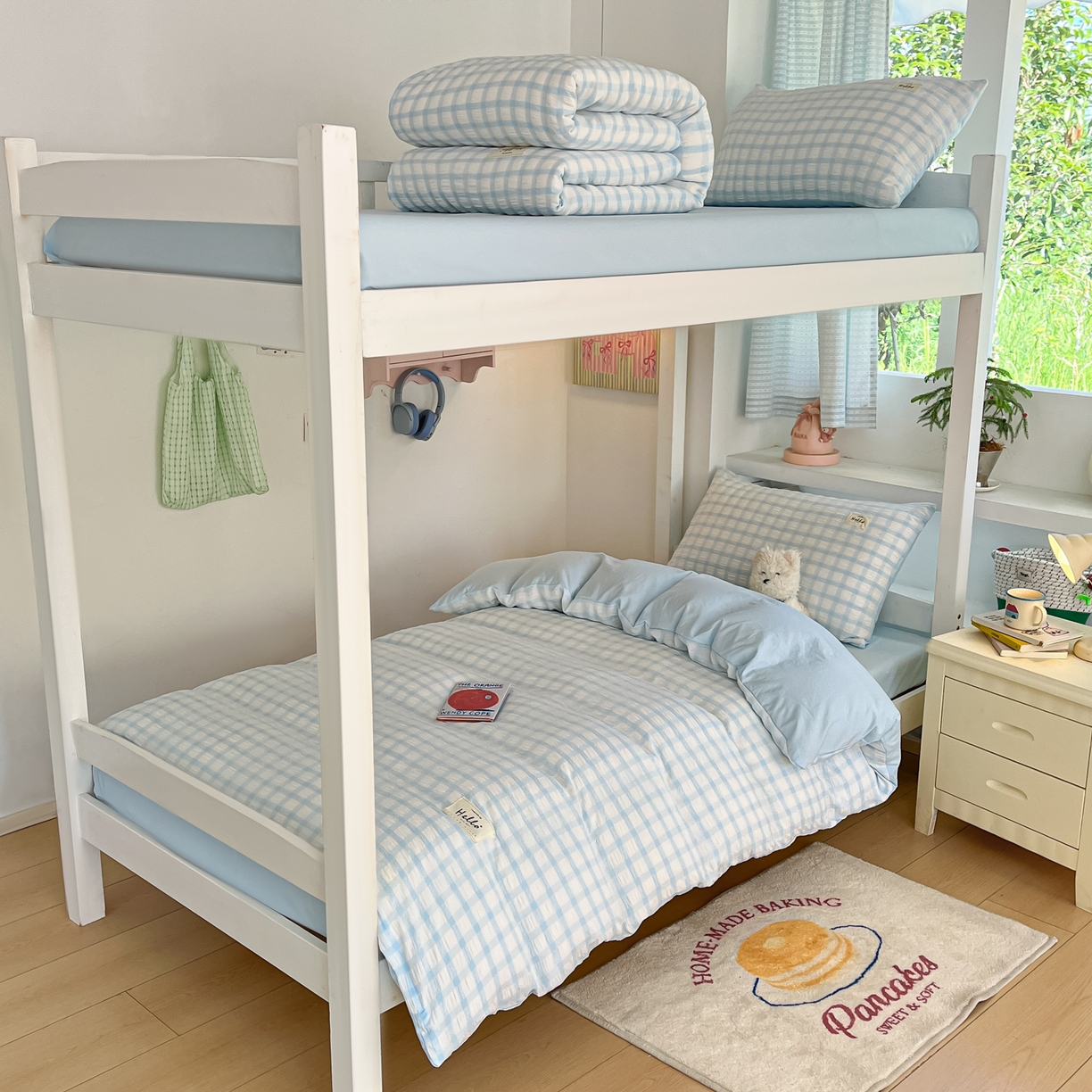 顾里2025新款韩系格子阳离子泡泡纱学生宿舍上下铺三件套 天空蓝格