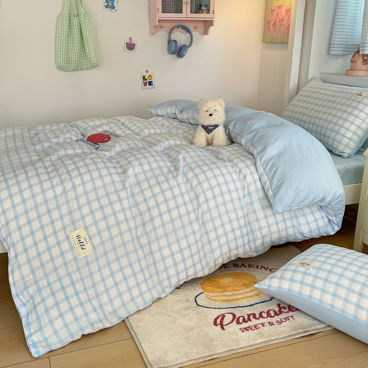 91家纺网 家纺一手货源 找家纺 顾里2025新款韩系格子阳离子泡泡纱学生宿舍上下铺三件套 天空蓝格