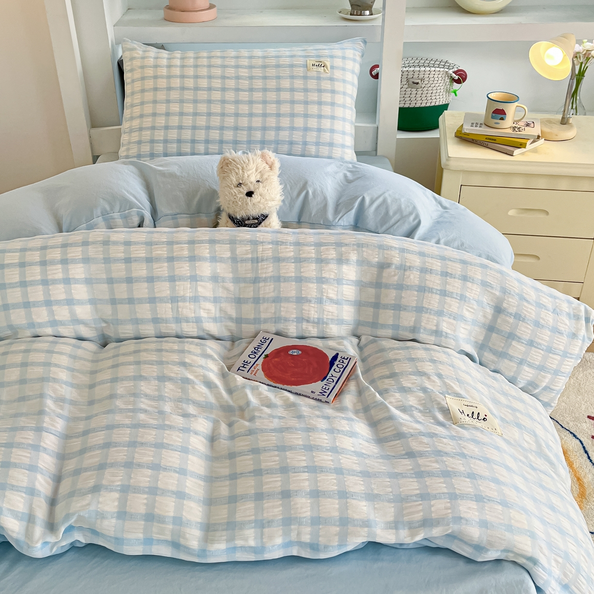91家纺网 家纺一手货源 找家纺 顾里2025新款韩系格子阳离子泡泡纱学生宿舍上下铺三件套 天空蓝格