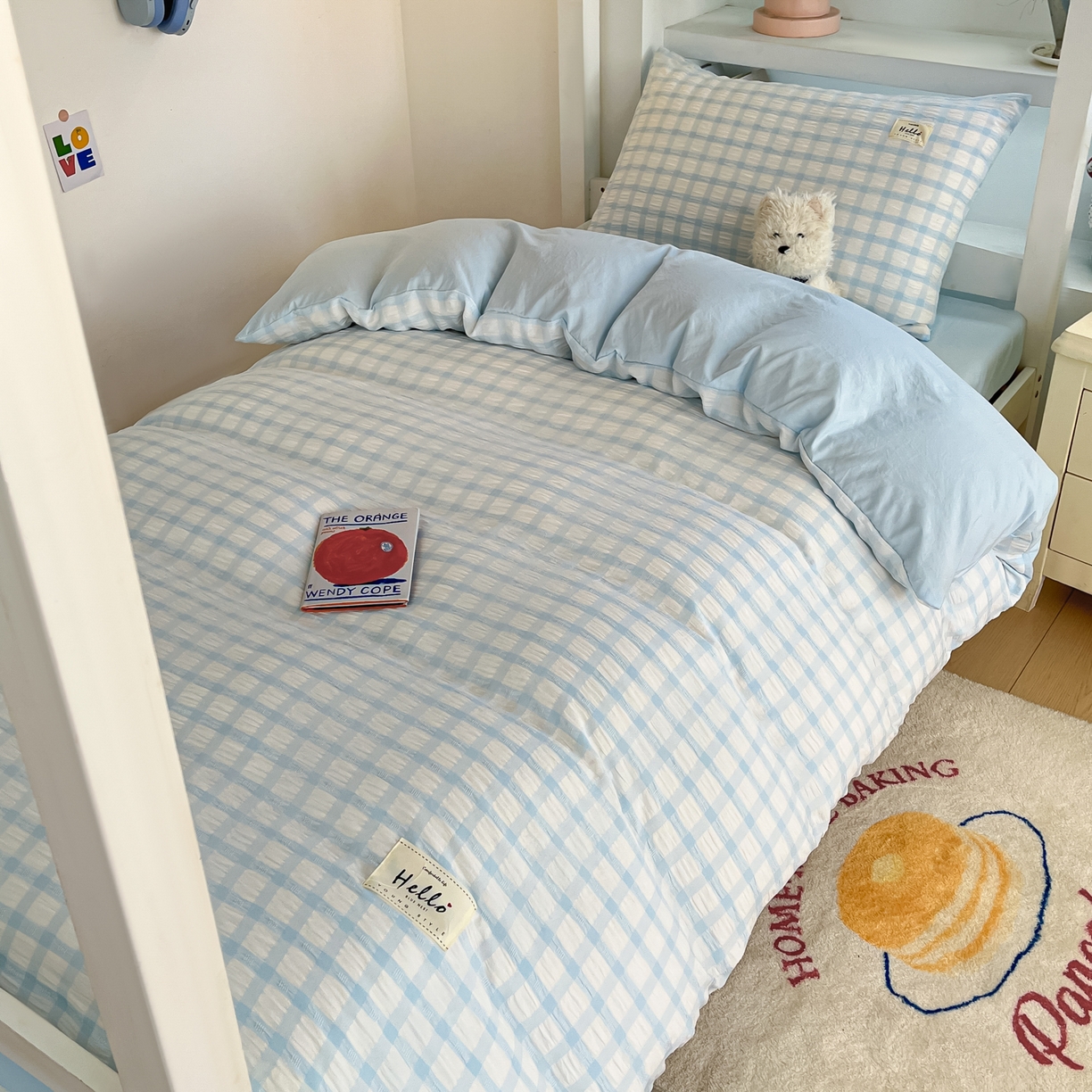 91家纺网 家纺一手货源 找家纺 顾里2025新款韩系格子阳离子泡泡纱学生宿舍上下铺三件套 天空蓝格