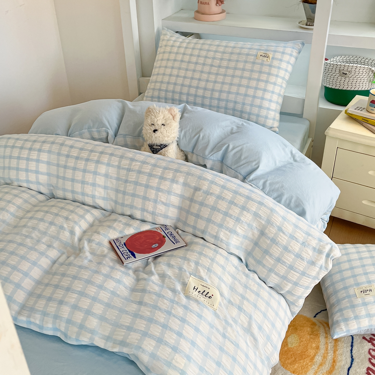 91家纺网 家纺一手货源 找家纺 顾里2025新款韩系格子阳离子泡泡纱学生宿舍上下铺三件套 天空蓝格