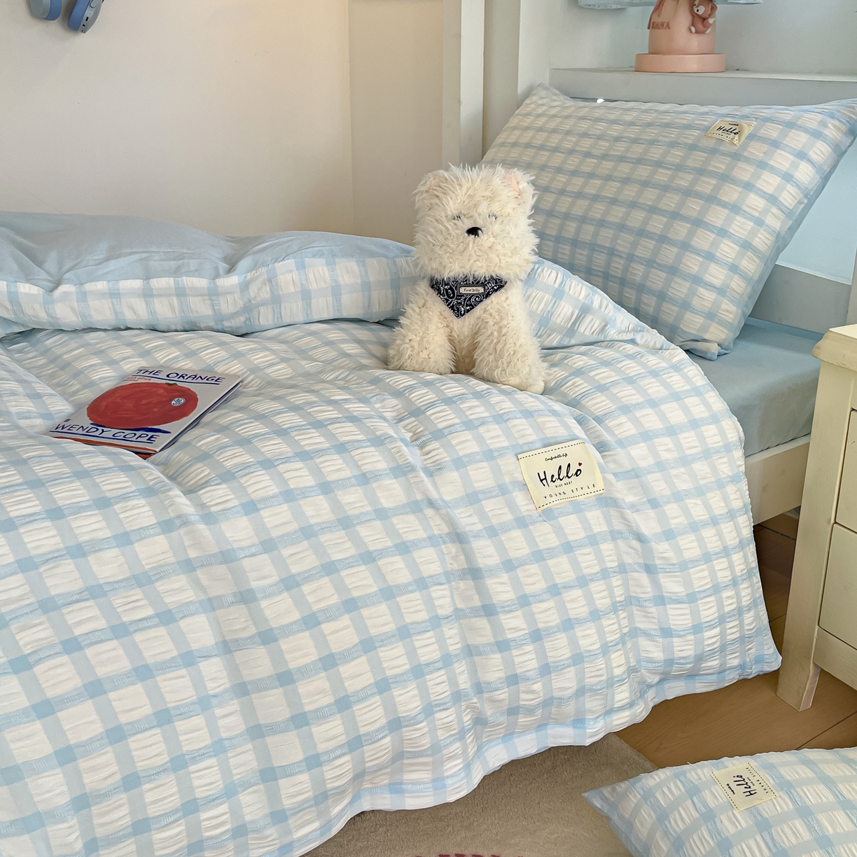 91家纺网 家纺一手货源 找家纺 顾里2025新款韩系格子阳离子泡泡纱学生宿舍上下铺三件套 天空蓝格