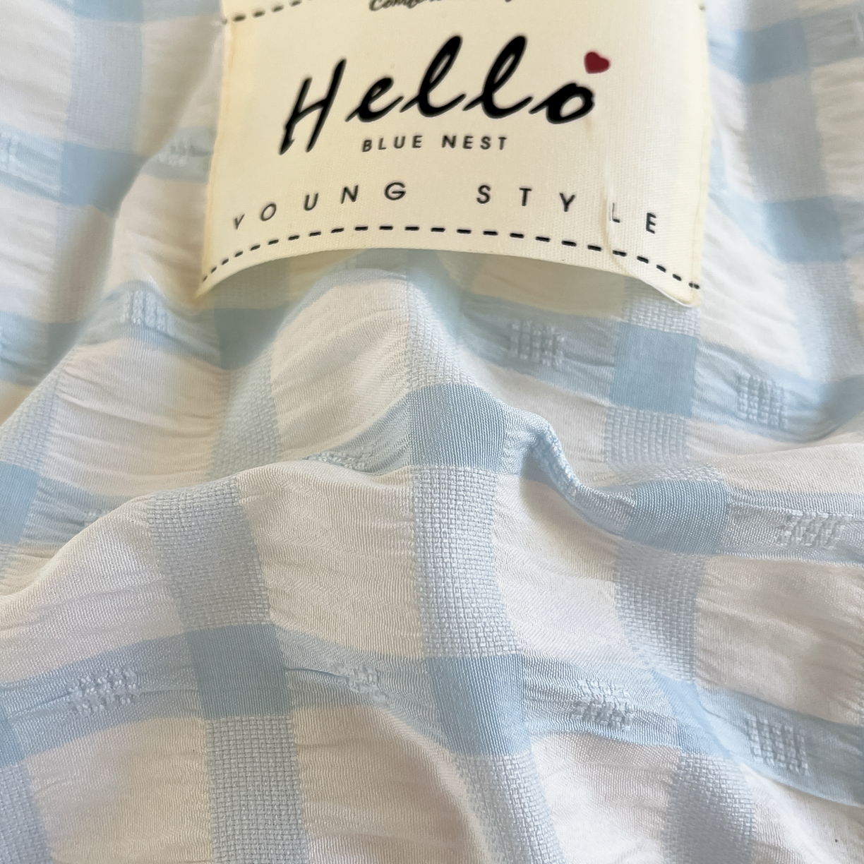 91家纺网 家纺一手货源 找家纺 顾里2025新款韩系格子阳离子泡泡纱学生宿舍上下铺三件套 天空蓝格