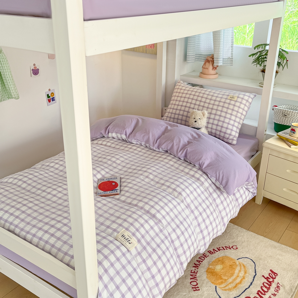 91家纺网 家纺一手货源 找家纺 顾里2025新款韩系格子阳离子泡泡纱学生宿舍上下铺三件套 香薰紫格