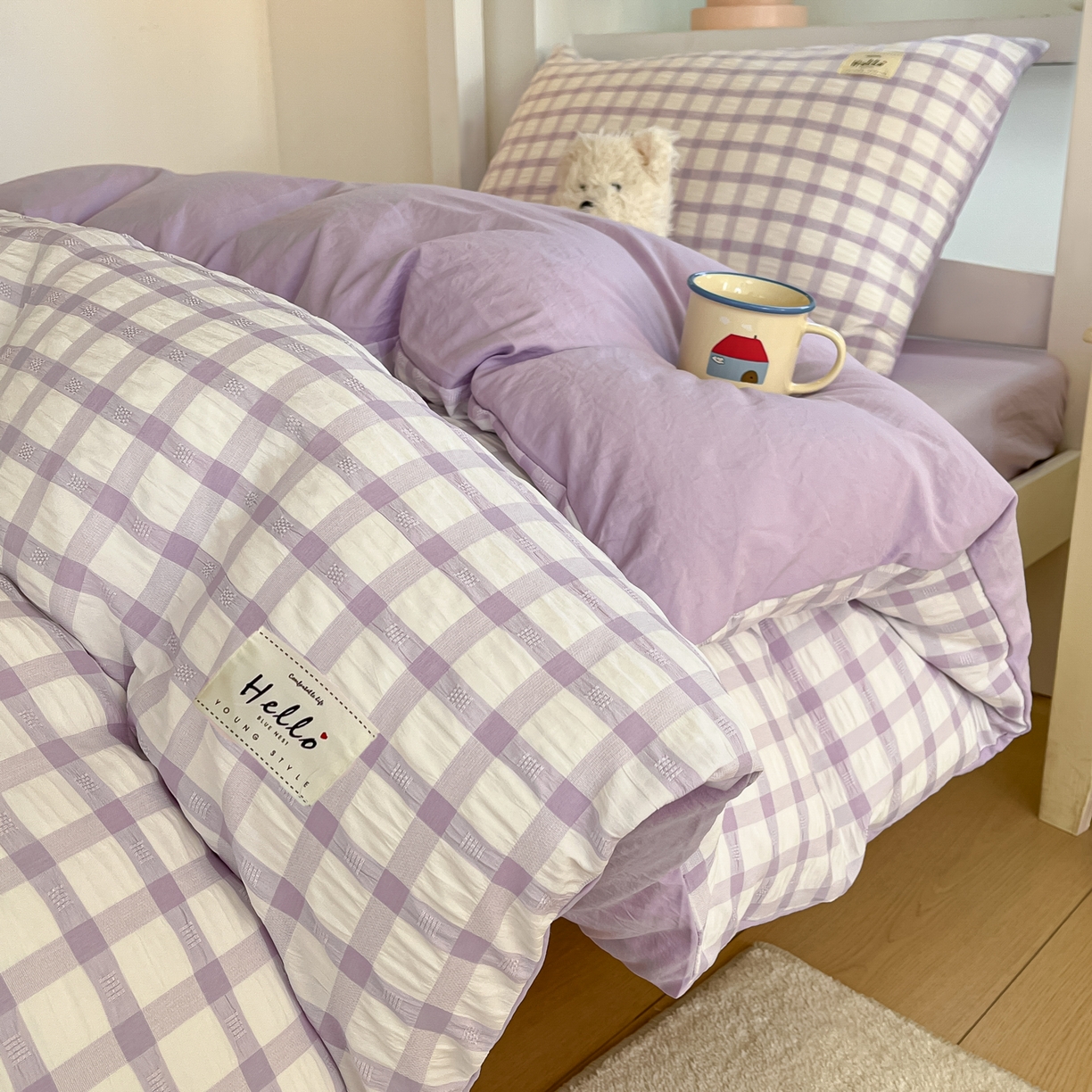 91家纺网 家纺一手货源 找家纺 顾里2025新款韩系格子阳离子泡泡纱学生宿舍上下铺三件套 香薰紫格