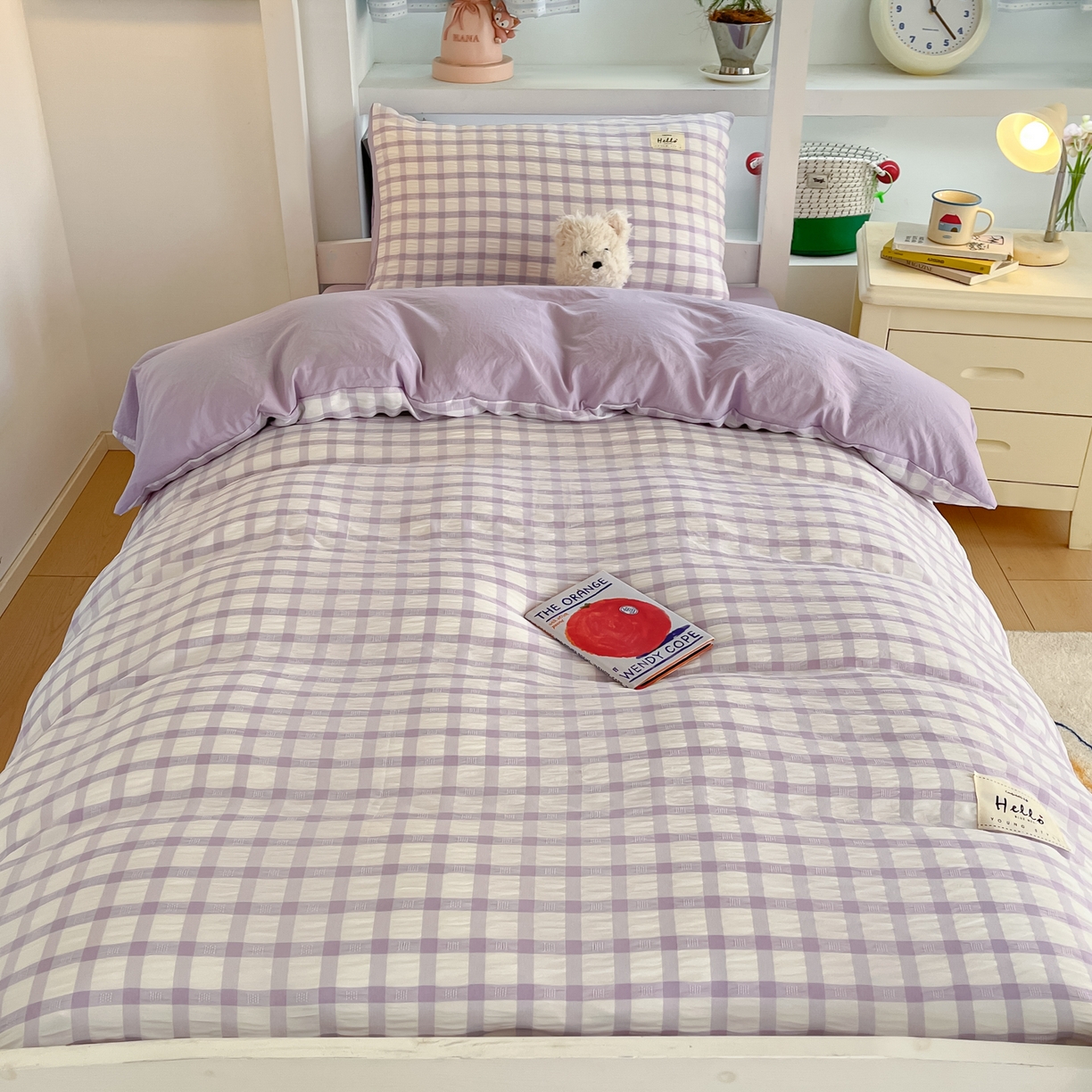 91家纺网 家纺一手货源 找家纺 顾里2025新款韩系格子阳离子泡泡纱学生宿舍上下铺三件套 香薰紫格