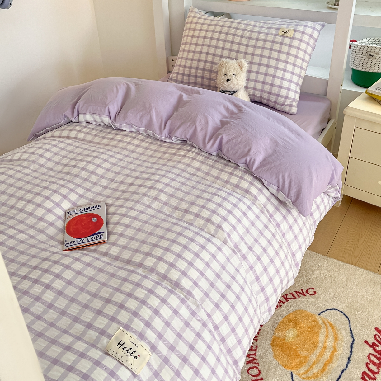 91家纺网 家纺一手货源 找家纺 顾里2025新款韩系格子阳离子泡泡纱学生宿舍上下铺三件套 香薰紫格