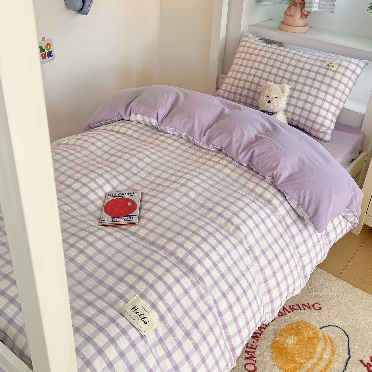 91家纺网 家纺一手货源 找家纺 顾里2025新款韩系格子阳离子泡泡纱学生宿舍上下铺三件套 香薰紫格