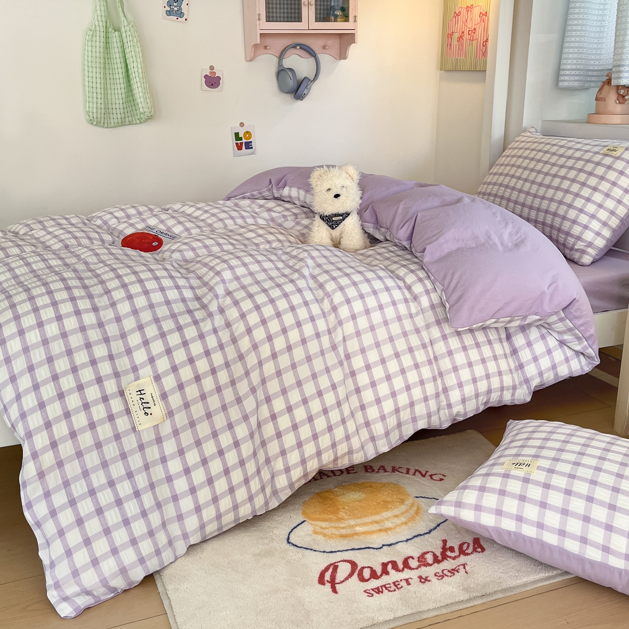 91家纺网 家纺一手货源 找家纺 顾里2025新款韩系格子阳离子泡泡纱学生宿舍上下铺三件套 香薰紫格