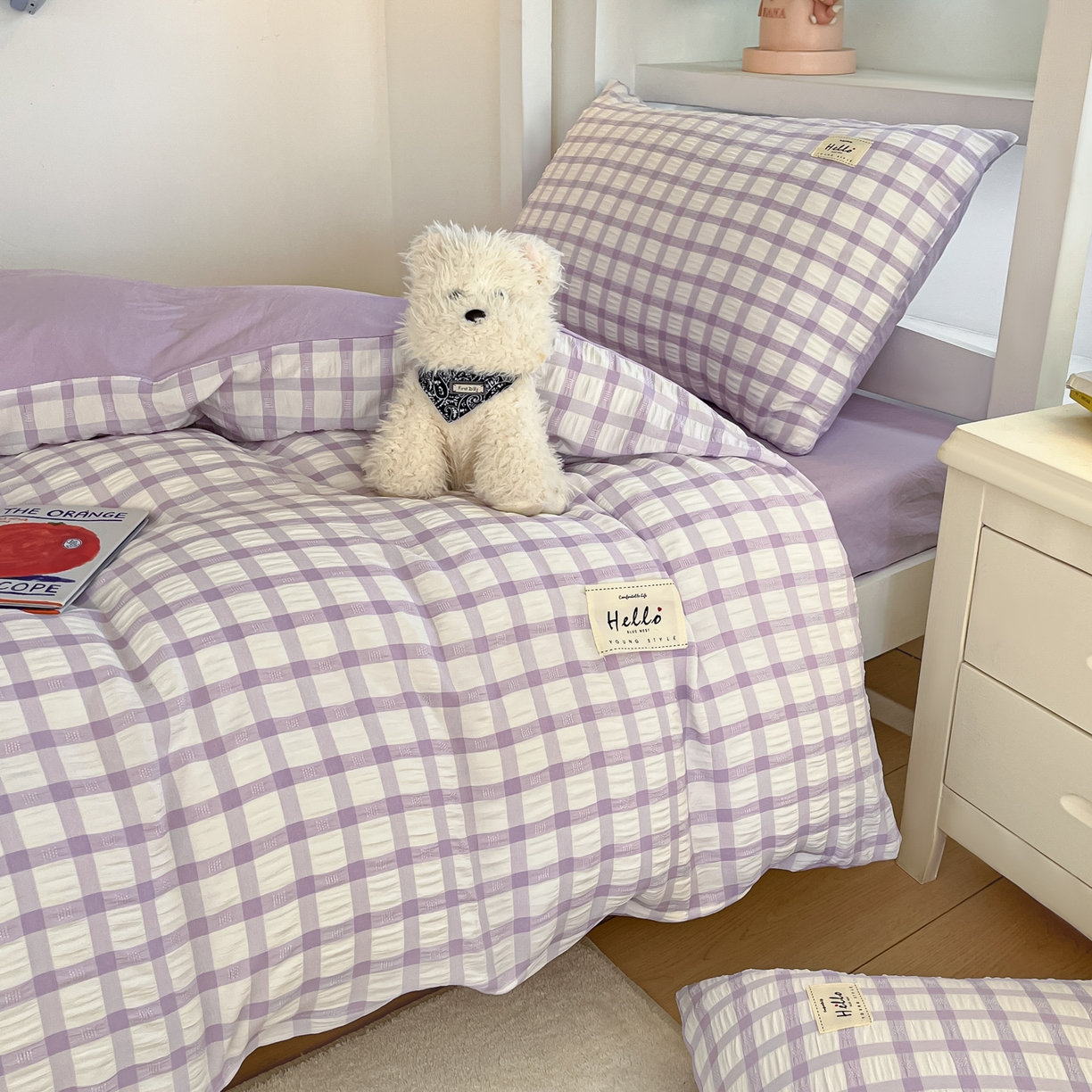 91家纺网 家纺一手货源 找家纺 顾里2025新款韩系格子阳离子泡泡纱学生宿舍上下铺三件套 香薰紫格