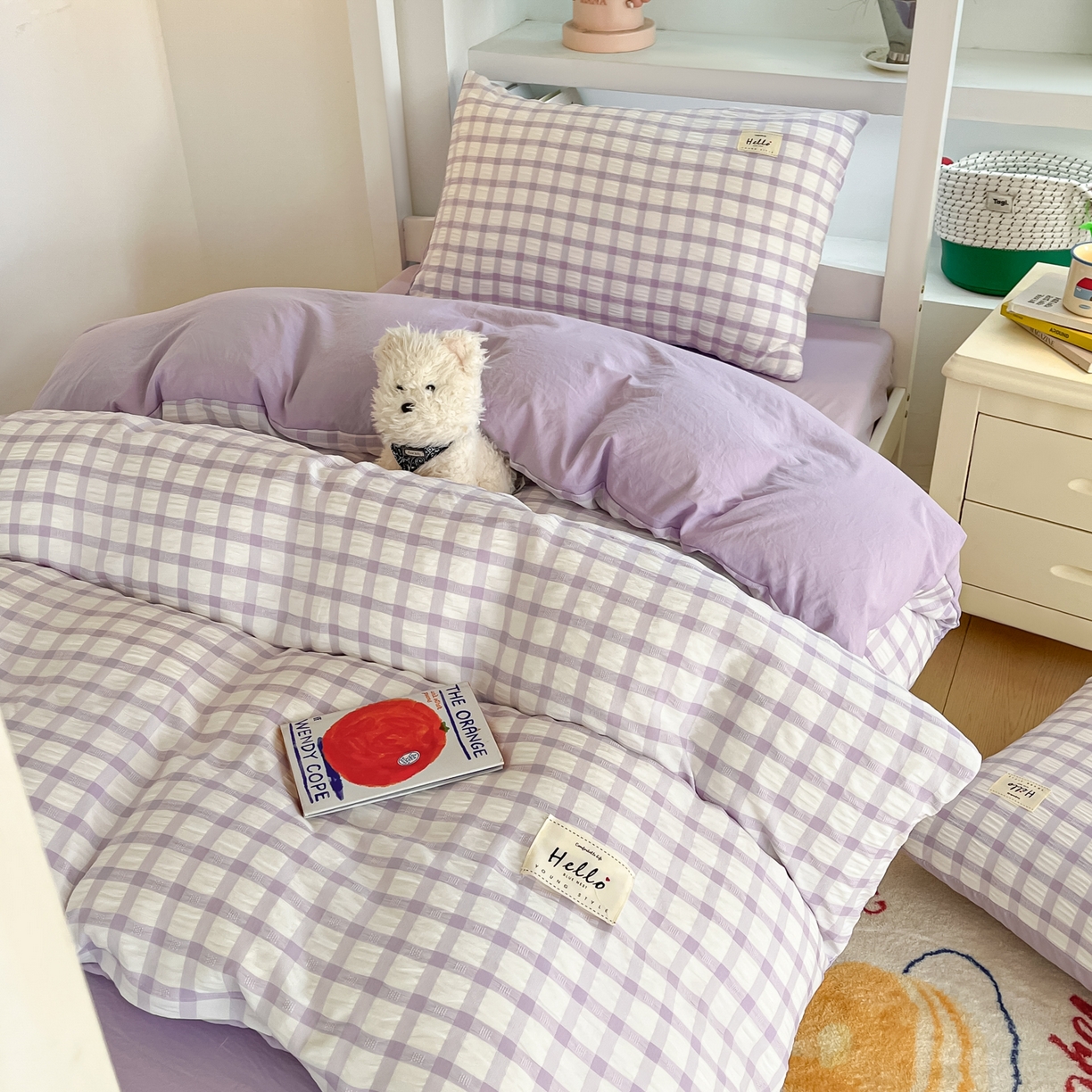 91家纺网 家纺一手货源 找家纺 顾里2025新款韩系格子阳离子泡泡纱学生宿舍上下铺三件套 香薰紫格