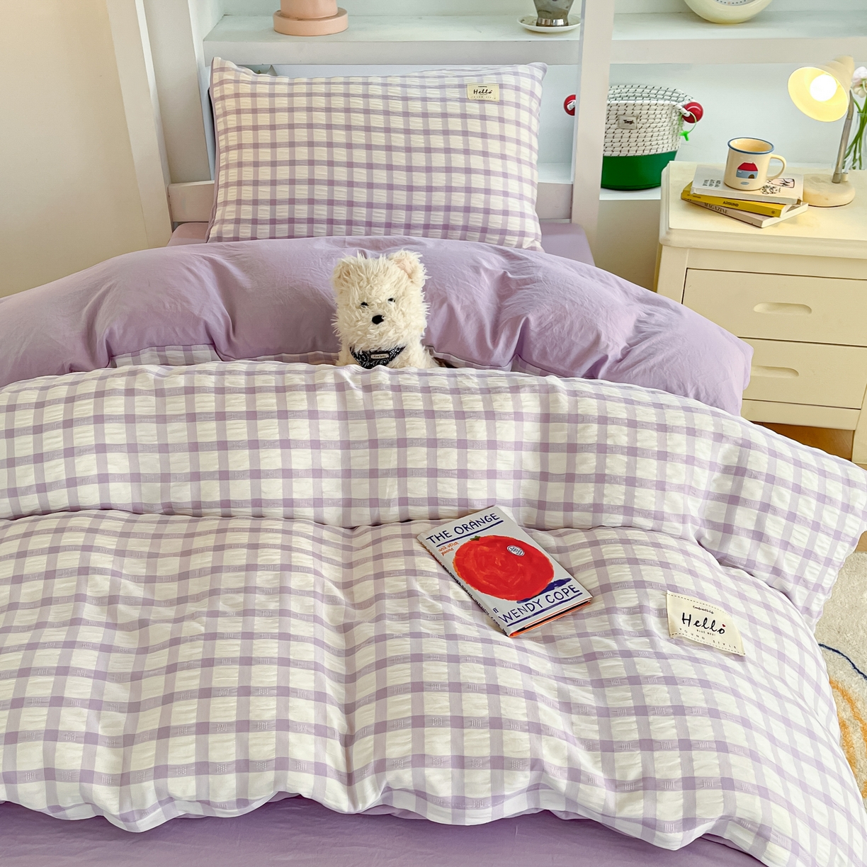 91家纺网 家纺一手货源 找家纺 顾里2025新款韩系格子阳离子泡泡纱学生宿舍上下铺三件套 香薰紫格