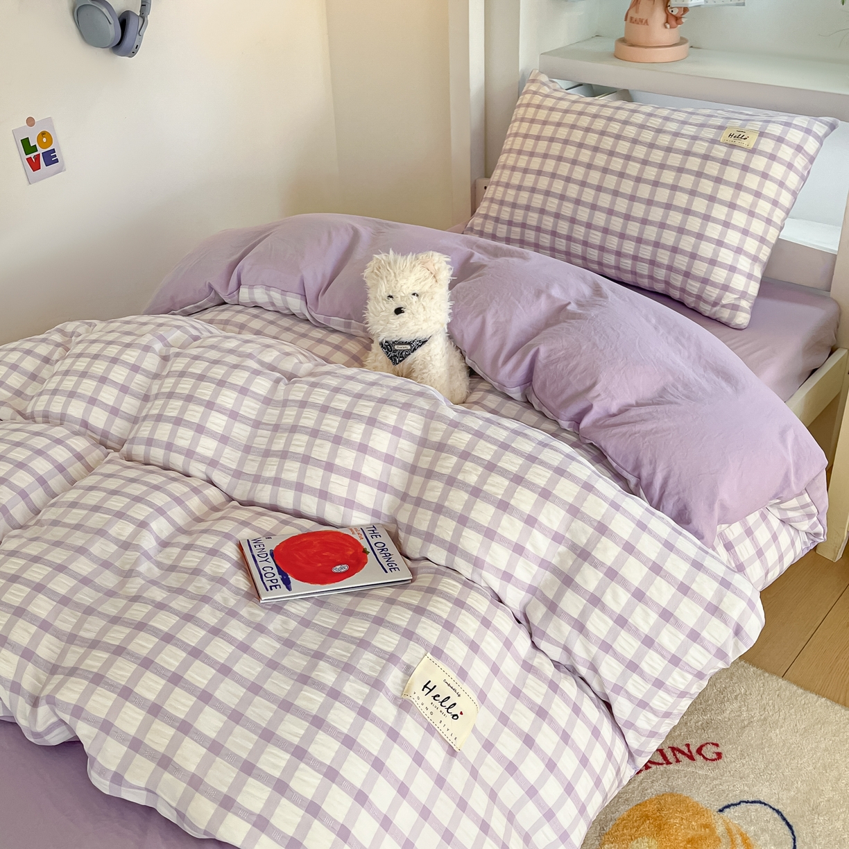 91家纺网 家纺一手货源 找家纺 顾里2025新款韩系格子阳离子泡泡纱学生宿舍上下铺三件套 香薰紫格