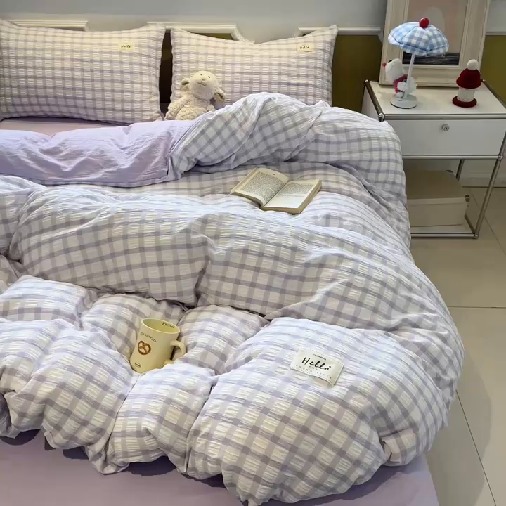 91家纺网 家纺一手货源 找家纺 顾里家纺 2025新款韩系格子阳离子泡泡纱四件套-第一组 香薰紫格
