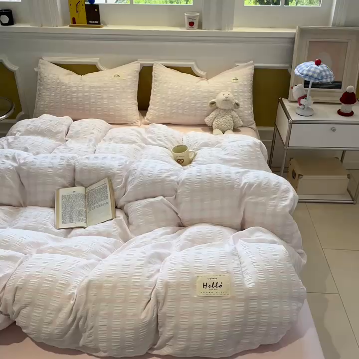 91家纺网 家纺一手货源 找家纺 顾里家纺 2025新款韩系格子阳离子泡泡纱四件套-第一组 复古奶咖