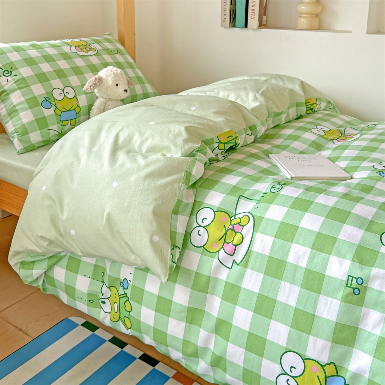 91家纺网 家纺一手货源 找家纺 名兮家居 2025-全棉纯棉13372经典奥特曼-三丽鸥学生床多件套【含防伪标】 格子大眼蛙