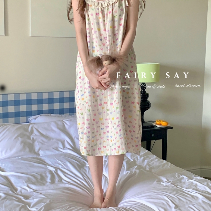 91家纺网 家纺一手货源 找家纺 妍景家居生活馆 2025新款纱布吊带睡裙 彩色蝴蝶